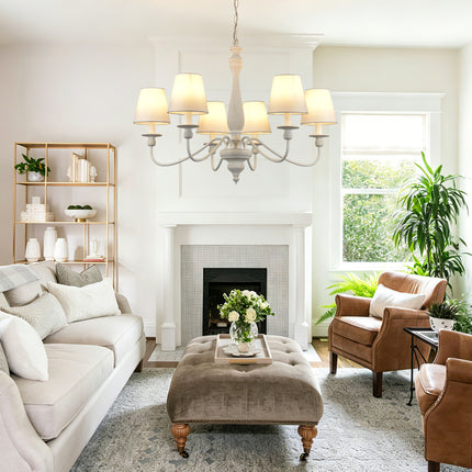 6-Light Antique White Wood Farmhouse Chandelier with Fabric Shades