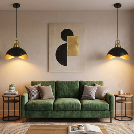 2-Pack 15.75" Matte Black & Brass Wavy Dome Pendant Lights