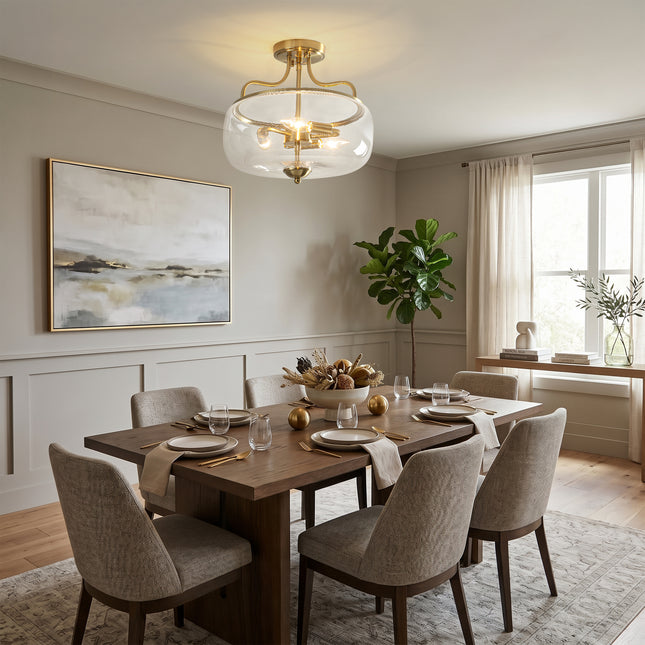 3-Light Brushed Brass Clear Glass Ceiling Light