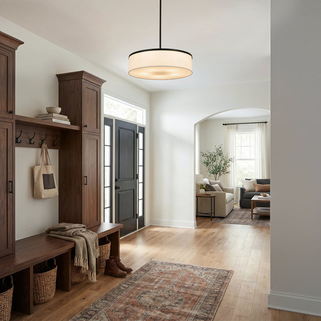 5-Light Black Drum Pendant with White Fabric Shade