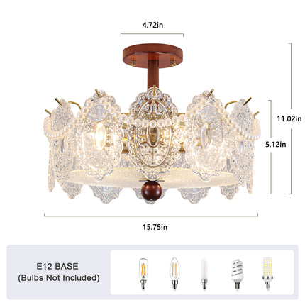 5-Light Brass Wood & Beaded Scalloped Glass Ceiling Light