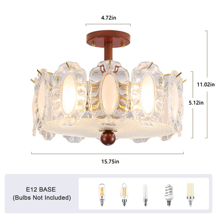 5-Light Brass Wood & Oval Ruffled Glass Ceiling Light
