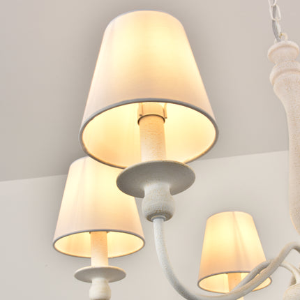 6-Light Antique White Wood Farmhouse Chandelier with Fabric Shades
