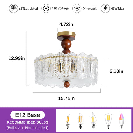 5-Light Antique Brass Wood Ball & Etched Glass Ceiling Light