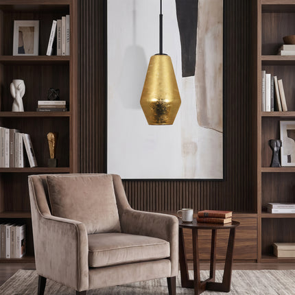 1-Light Matte Black & Gold Foil Glass Pendant