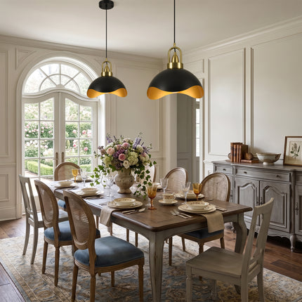 2-Pack 11.8" Matte Black & Brass Wavy Dome Pendant Lights