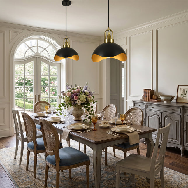 2-Pack 11.8" Matte Black & Brass Wavy Dome Pendant Lights