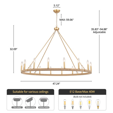 16-Light Matte Gold Rope Wagon Wheel Chandelier