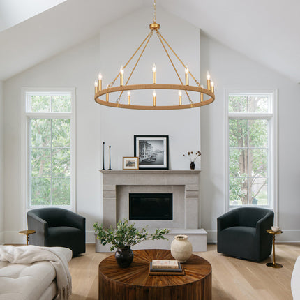 12-Light Matte Gold Rope Wagon Wheel Chandelier