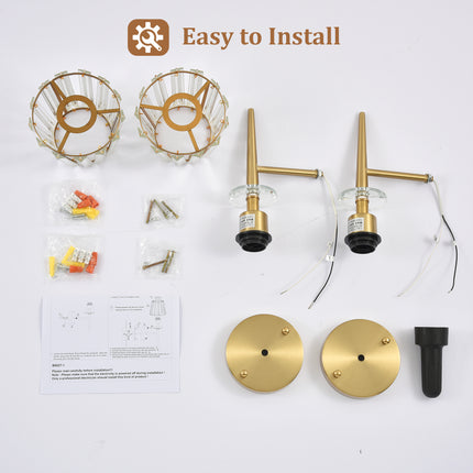 Set of 2 Brushed Brass 1-Light Fluted Glass Wall Sconces
