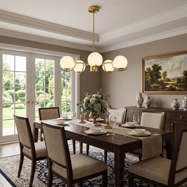 5-Light Brushed Brass Convertible Globe Ceiling Light with Milk Glass