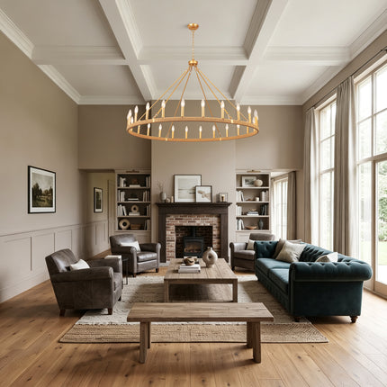 24-Light Matte Gold Rope Wagon Wheel Chandelier