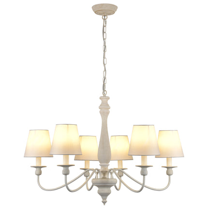 6-Light Antique White Wood Farmhouse Chandelier with Fabric Shades