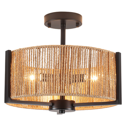 Rustic Black 3-Bulb Rattan Drum Ceiling Light