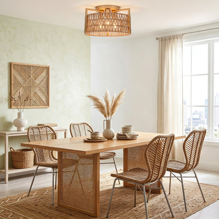 3-Light Matte Gold Woven Rope Ceiling Light