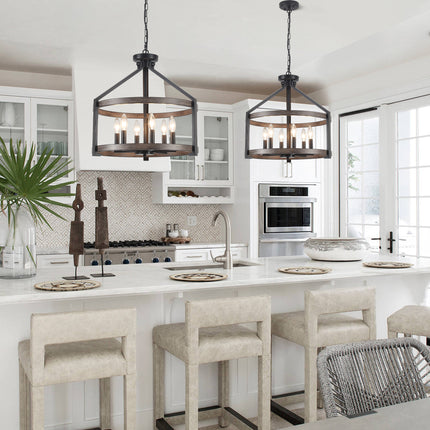 Rustic 6-Light Faux Wood & Black Drum Chandelier
