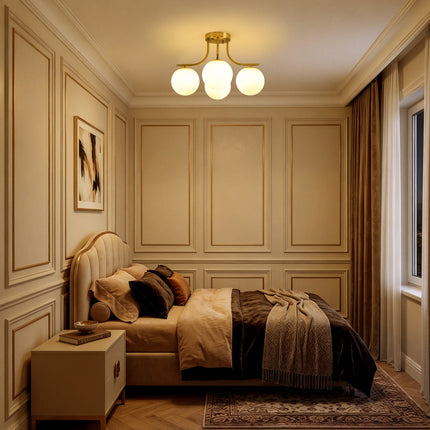 4-Light Brushed Brass Milk Glass Globe Semi Flush Mount