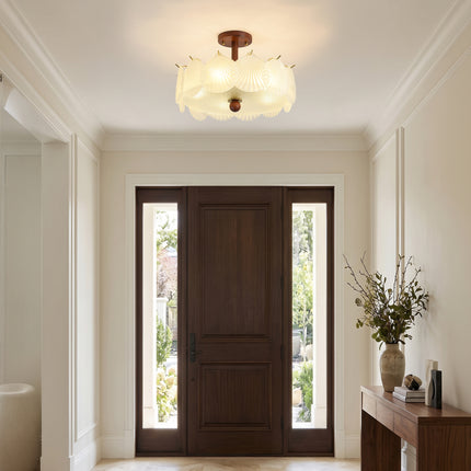 5-Light Brass Wood & Frosted Shell Glass Ceiling Light