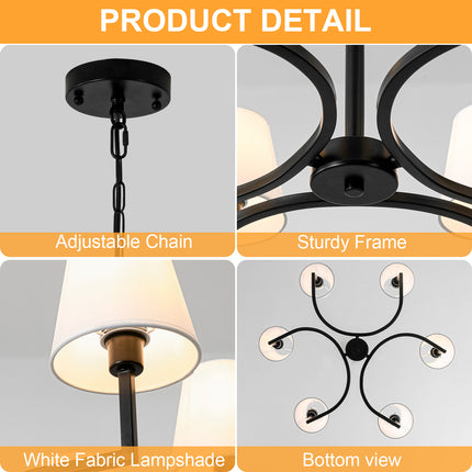 6-Light Black Chandelier with White Fabric Shades