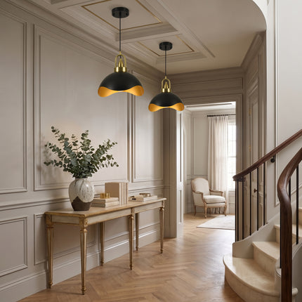2-Pack 11.8" Matte Black & Brass Wavy Dome Pendant Lights