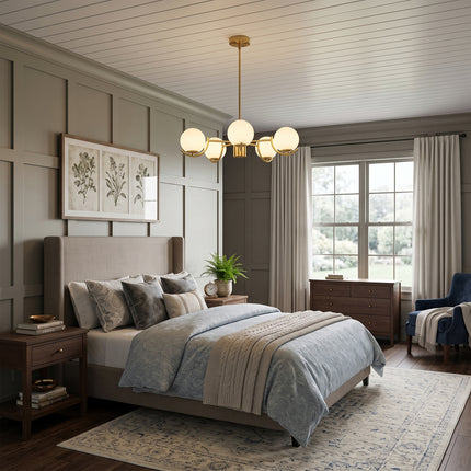 5-Light Brushed Brass Convertible Globe Ceiling Light with Milk Glass