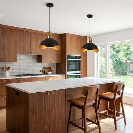 2-Pack 15.75" Matte Black & Brass Wavy Dome Pendant Lights