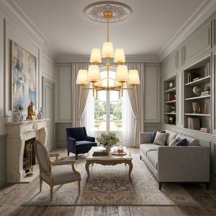 9-Light 2-Tier Matte Gold Chandelier with White Linen Shades