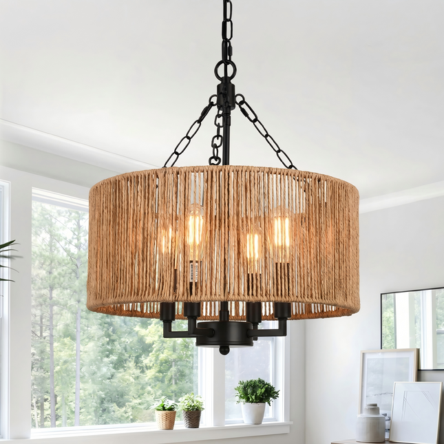 Organic Modern 4-Light Woven Drum Chandelier