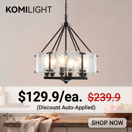 6-Light Matte Black Textured Glass Drum Chandelier