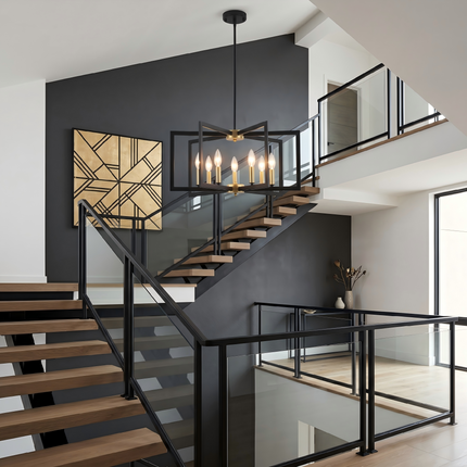7-Light Black and Gold Geometric Candle Chandelier