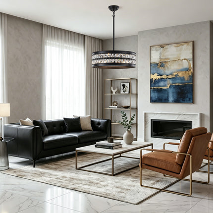 Modern 6-Light Matte Black Crystal Drum Chandelier